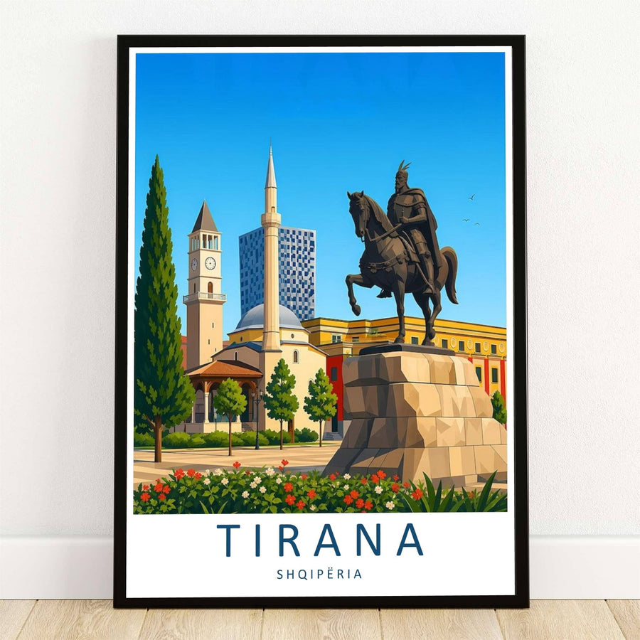 The majestic equestrian statue of Skanderbeg and the historic Clock Tower stand proudly in Skanderbeg Square, Tirana, Albania, in this clean vector travel poster. Offered by MapYourDreams, this artwork is available in flexible options including unframed paper, custom wooden frames, and gallery canvas wraps.