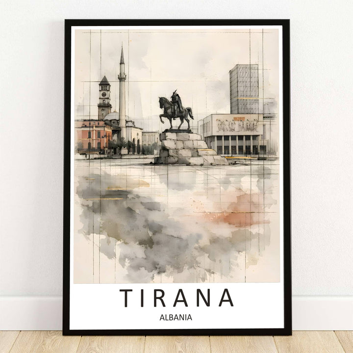 Precise architectural drafting lines and soft watercolor washes highlight Skanderbeg Square, the equestrian statue, and historic landmarks in Tirana, Albania. Offered by MapYourDreams, this artwork is available in flexible options including unframed paper, custom wooden frames, and gallery canvas wraps.