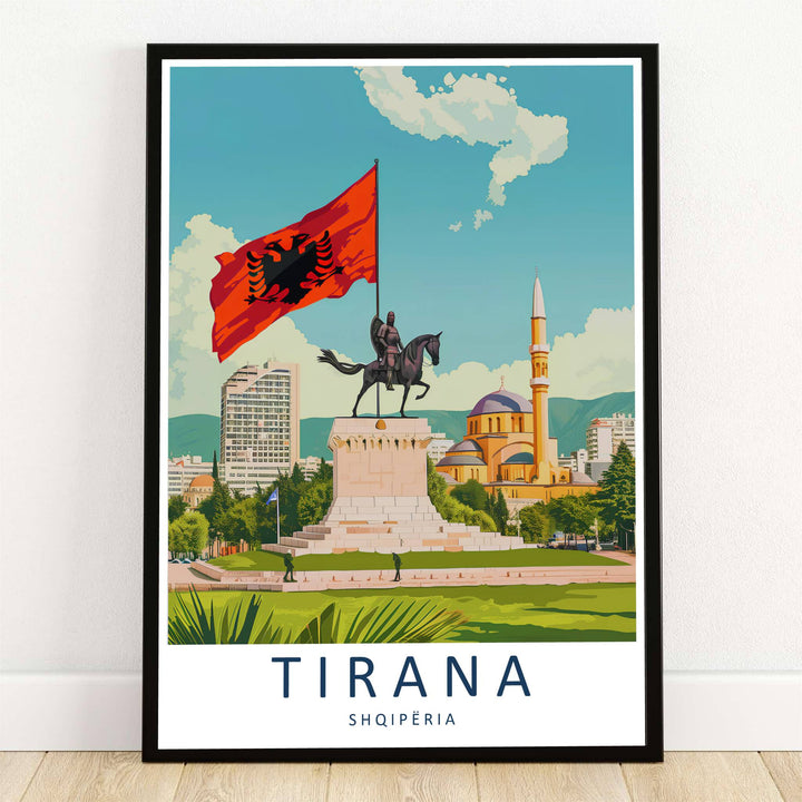 The billowing Albanian national flag and the historic Skanderbeg equestrian statue stand proudly in Skanderbeg Square, Tirana, Albania, captured in a vibrant vector travel poster. Offered by MapYourDreams, this artwork is available in flexible options including unframed paper, custom wooden frames, and gallery canvas wraps.