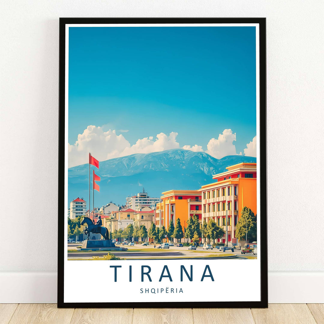 The majestic ridge of Mount Dajti towers behind the sunlit buildings and Skanderbeg Square monuments of Tirana, Albania, captured in a clean vector travel poster. Offered by MapYourDreams, this artwork is available in flexible options including unframed paper, custom wooden frames, and gallery canvas wraps.