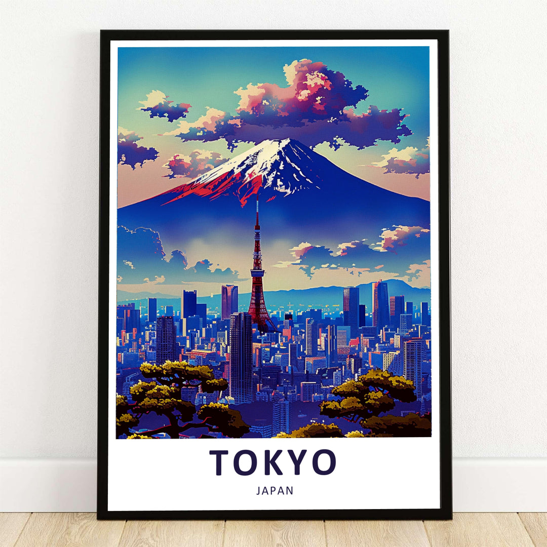 Illustrative Tokyo Japan skyline poster displaying Mount Fuji and Tokyo Tower under a dramatic sunset sky. Offered by MapYourDreams, this artwork is available in flexible options including unframed paper, custom wooden frames, and gallery canvas wraps to suit any room decor.