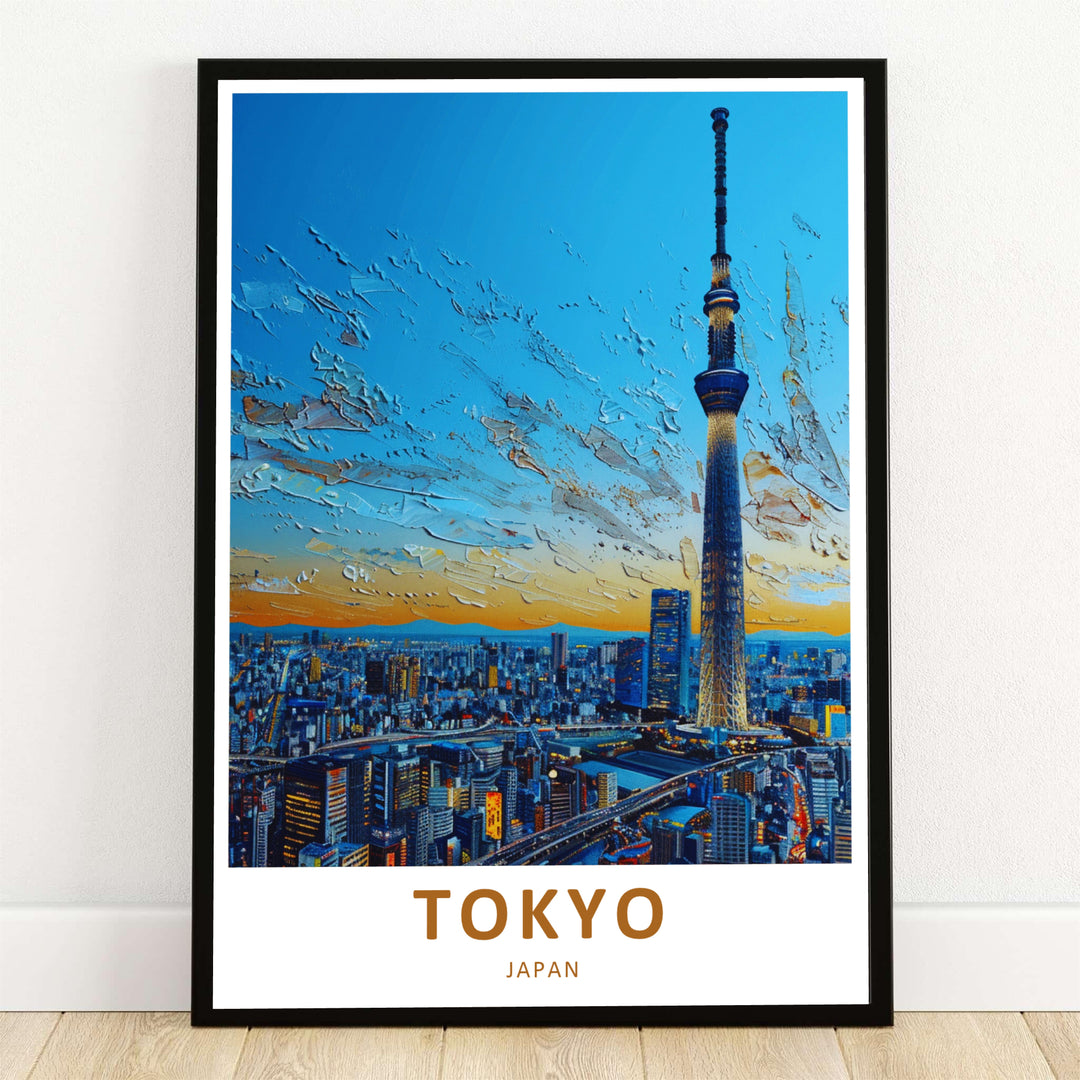 Expressive Tokyo Japan cityscape poster featuring the massive Tokyo Skytree soaring above glittering city lights. Offered by MapYourDreams, this artwork is available in flexible options including unframed paper, custom wooden frames, and gallery canvas wraps to suit any room decor.