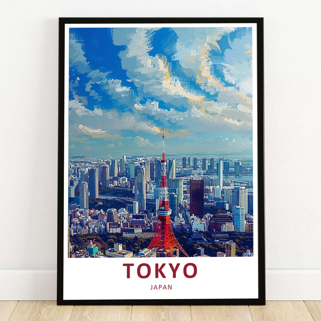 Expressive Tokyo Japan skyline poster featuring the iconic red Tokyo Tower standing tall above a vast metropolis. Offered by MapYourDreams, this artwork is available in flexible options including unframed paper, custom wooden frames, and gallery canvas wraps to suit any room decor.