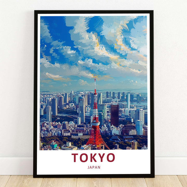 Expressive Tokyo Japan skyline poster featuring the iconic red Tokyo Tower standing tall above a vast metropolis. Offered by MapYourDreams, this artwork is available in flexible options including unframed paper, custom wooden frames, and gallery canvas wraps to suit any room decor.