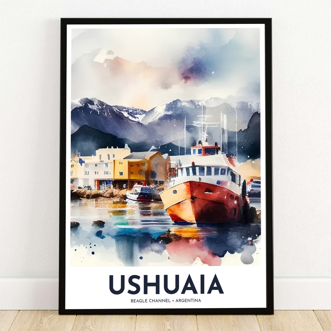 Moored along the tranquil harbor waters of Argentina, this Ushuaia port print features a red expedition boat, martial mountain peaks, and soft watercolor reflections, available from MapYourDreams in flexible choices such as unframed paper, custom wooden frames, and gallery canvas wraps.