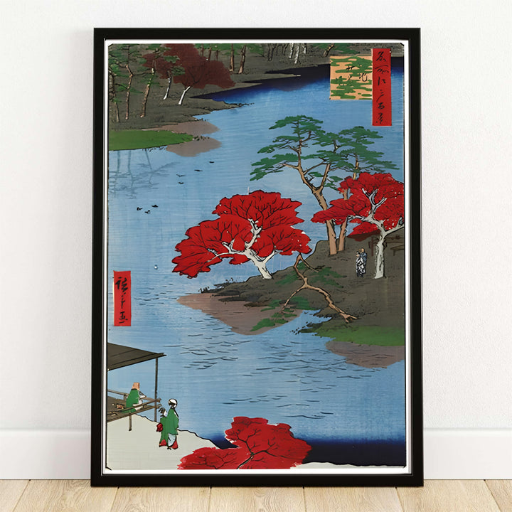 Akiba Shrine Ukeji 1857 Japanese autumn print Akiba Shrine Ukeji by artist Utagawa Hiroshige showing red maple trees and river in Akiba Shrine Ukeji. MapYourDreams provides custom framed, unframed paper, and canvas wall art decor choices.