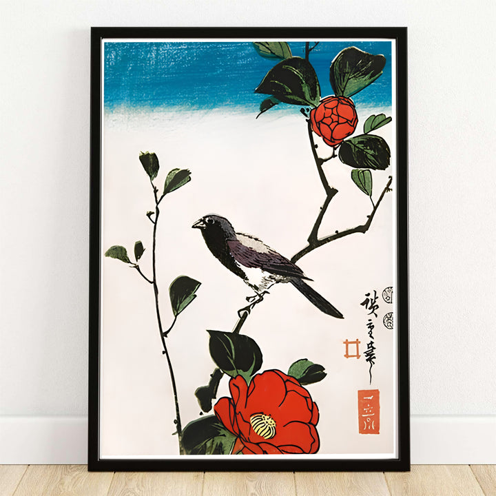 Java Sparrow Camellia 1830 Japanese bird print Java Sparrow Camellia by artist Utagawa Hiroshige showing sparrow on camellia branch in Kyoto Camellia Garden. MapYourDreams provides custom framed, unframed paper, and canvas wall art decor choices.