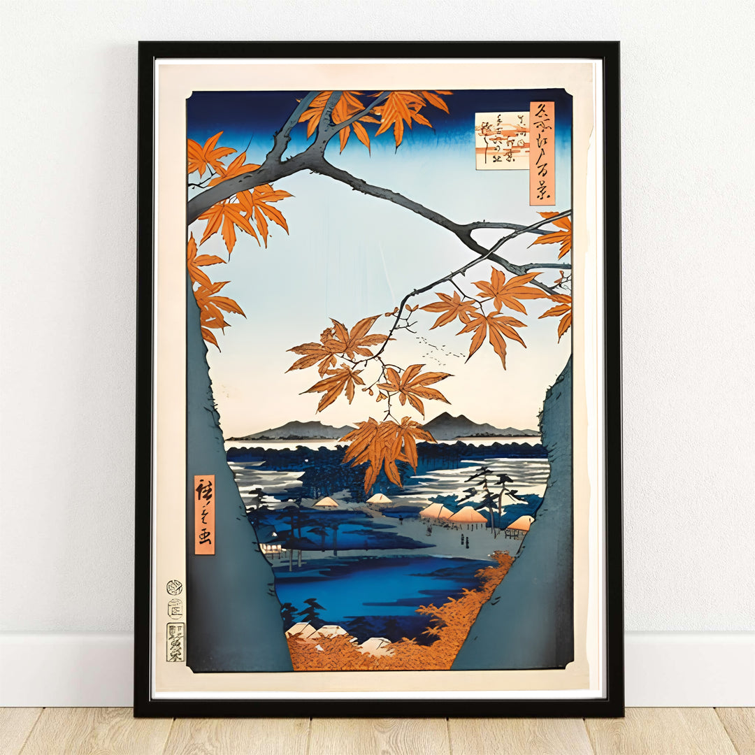 Maple Trees Mama 1857 Japanese autumn foliage print Maple Trees at Mama by artist Utagawa Hiroshige displaying red maple leaves framing Maple Trees at Mama and Tekona Shrine. MapYourDreams offers framed, unframed paper, and canvas wall art options.