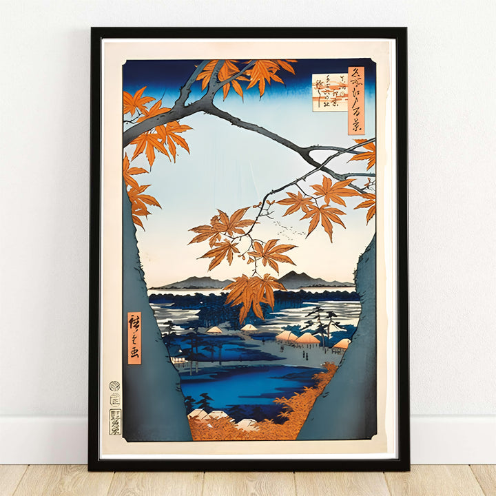Maple Trees Mama 1857 Japanese autumn foliage print Maple Trees at Mama by artist Utagawa Hiroshige displaying red maple leaves framing Maple Trees at Mama and Tekona Shrine. MapYourDreams offers framed, unframed paper, and canvas wall art options.