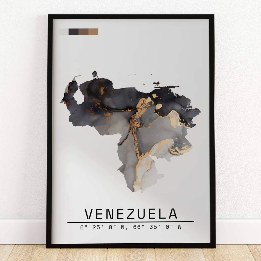 Venezuela abstract map art print featuring a charcoal black, slate grey, and metallic gold fluid alcohol ink country silhouette with coordinates. Crafted by MapYourDreams, this design can be ordered as borderless archival paper, custom wooden frames, or gallery canvas wraps.