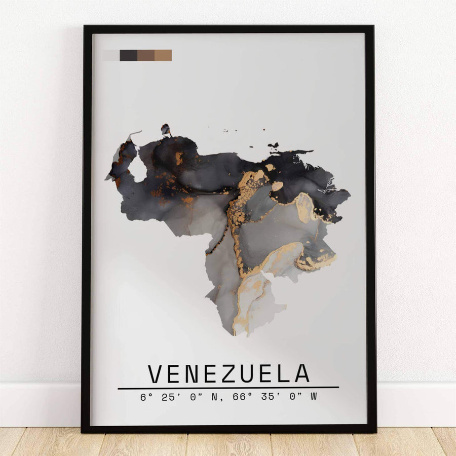 Venezuela abstract map art print featuring a charcoal black, slate grey, and metallic gold fluid alcohol ink country silhouette with coordinates. Crafted by MapYourDreams, this design can be ordered as borderless archival paper, custom wooden frames, or gallery canvas wraps.