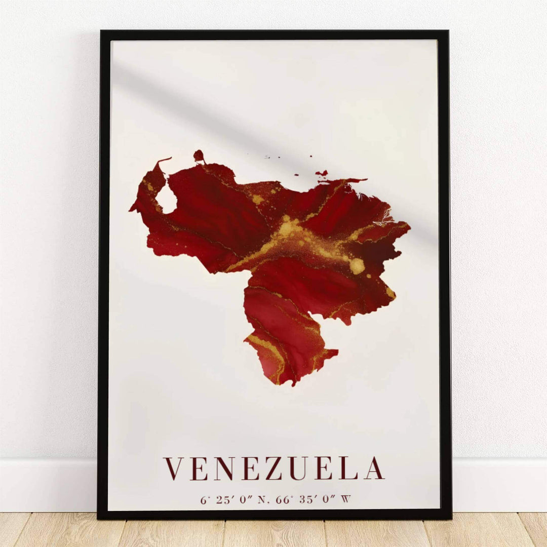 Venezuela abstract map art print featuring a crimson red, ruby, and metallic gold fluid alcohol ink country silhouette with coordinates. Crafted by MapYourDreams, this design can be ordered as borderless archival paper, custom wooden frames, or gallery canvas wraps.