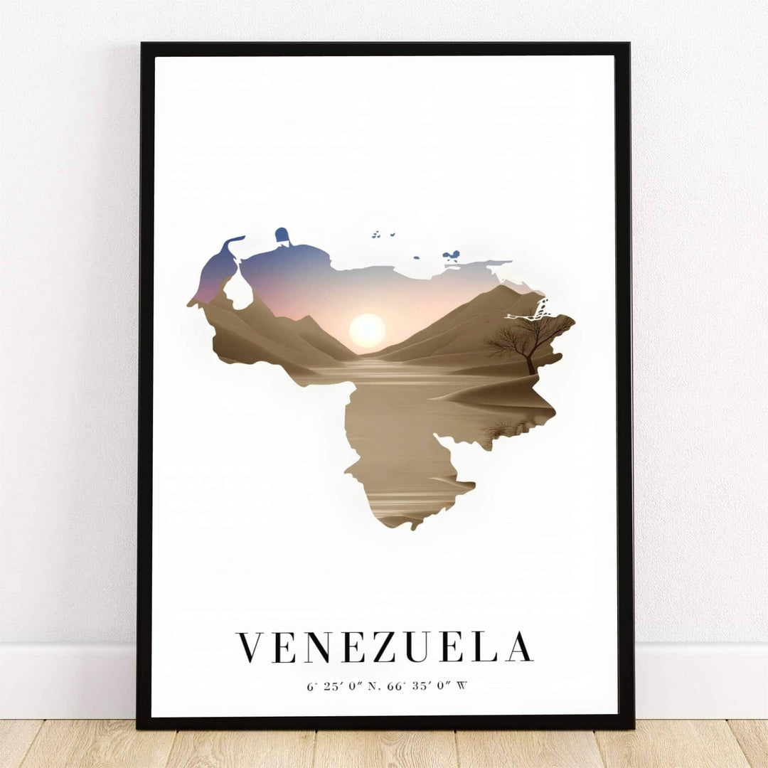 Venezuela desert sunset map art print featuring a double exposure silhouette of Médanos de Coro sand dunes, sunset sky, and coordinates. Crafted by MapYourDreams, this design can be ordered as borderless archival paper, custom wooden frames, or gallery canvas wraps.