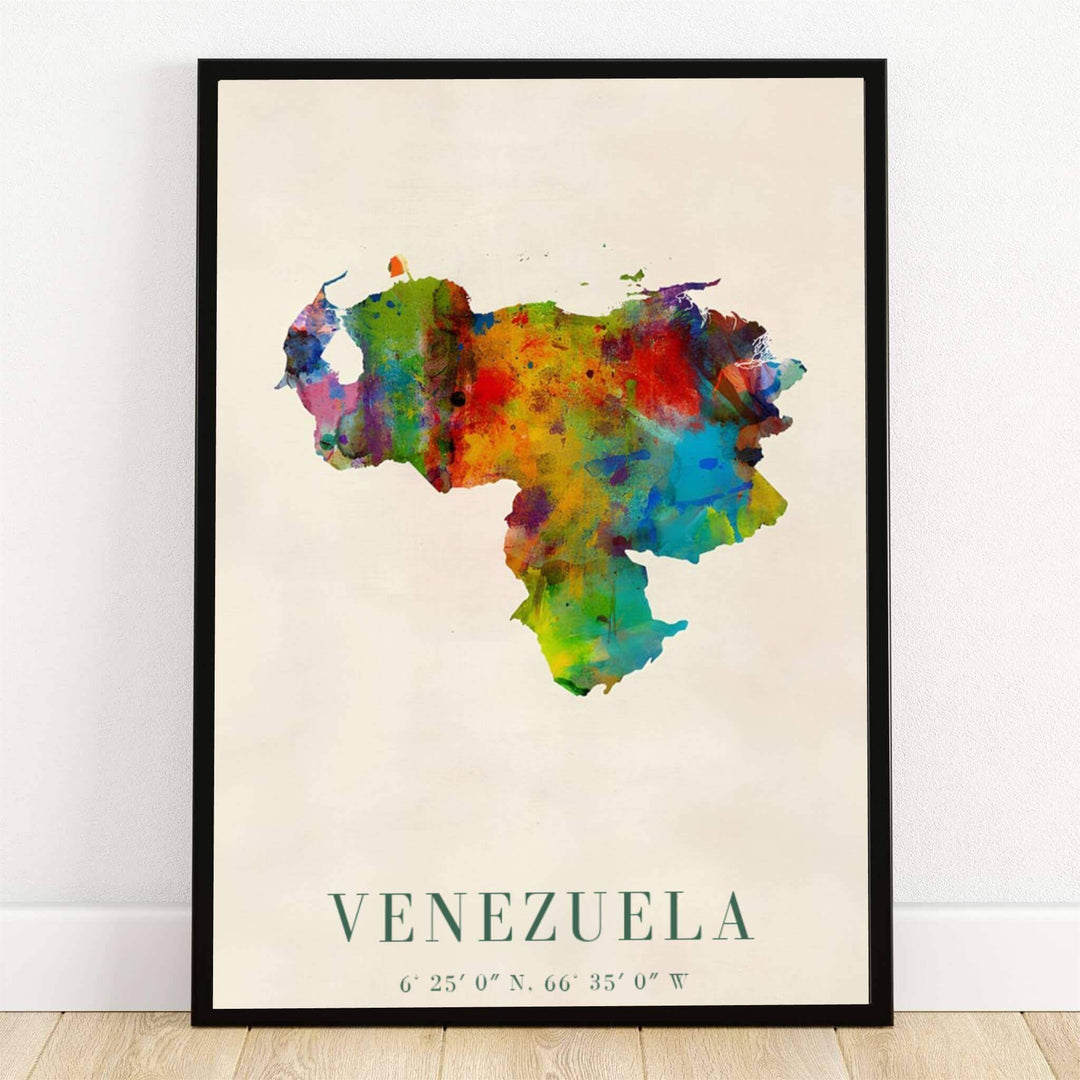 Venezuela map art print featuring a colorful watercolor paint splatter country silhouette with national coordinates. Crafted by MapYourDreams, this design can be ordered as borderless archival paper, custom wooden frames, or gallery canvas wraps.