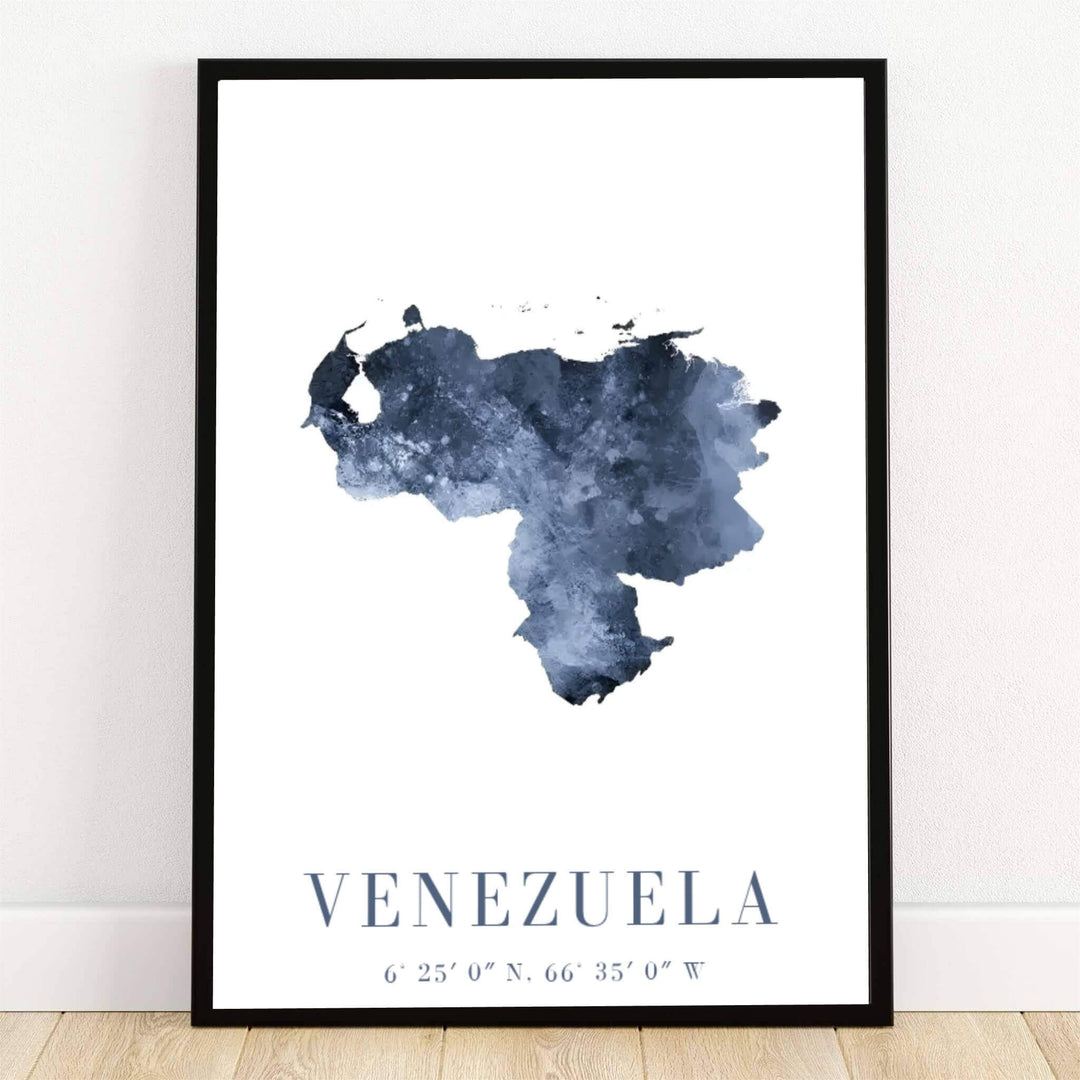 Venezuela map poster print featuring a navy blue watercolor country silhouette with national coordinates on a crisp white background. Crafted by MapYourDreams, this design can be ordered as borderless archival paper, custom wooden frames, or gallery canvas wraps.