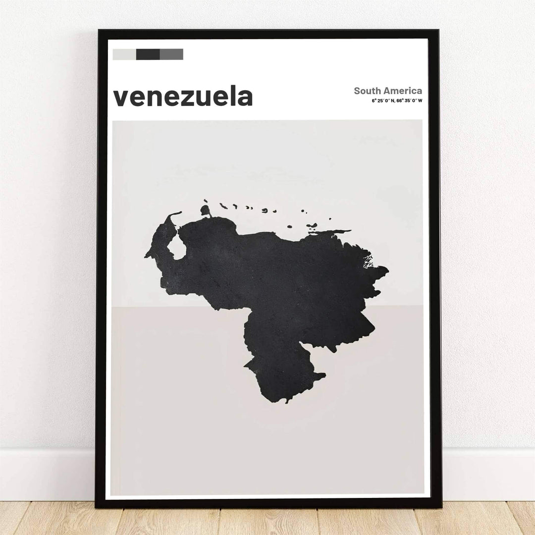 Venezuela minimalist silhouette map art print featuring a solid black country outline on a neutral greige taupe and off-white background. Crafted by MapYourDreams, this design can be ordered as borderless archival paper, custom wooden frames, or gallery canvas wraps.