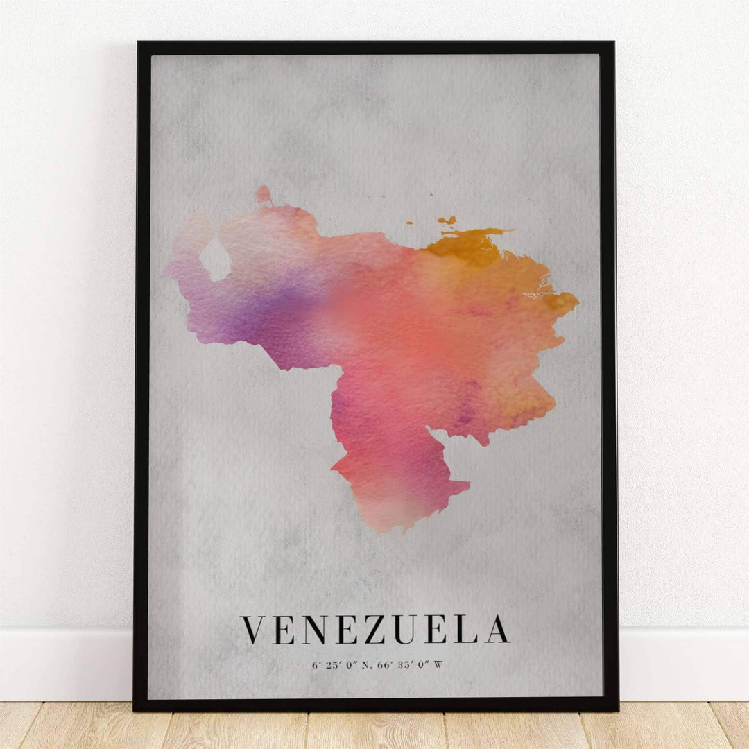 Venezuela watercolor map art print featuring a soft dusty rose, lavender, and golden sunset country silhouette with national coordinates. Crafted by MapYourDreams, this design can be ordered as borderless archival paper, custom wooden frames, or gallery canvas wraps.