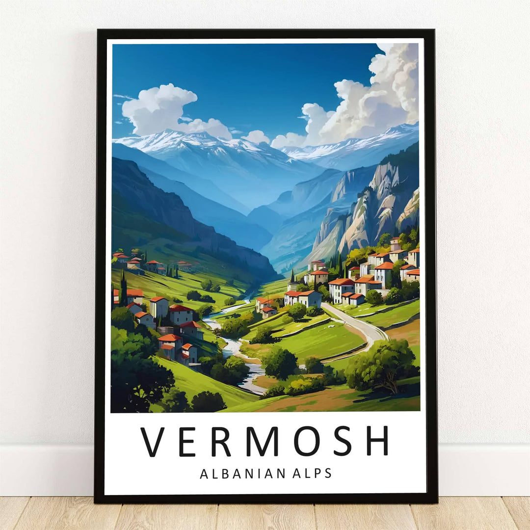 Snow-capped limestone peaks tower over the green meadows and traditional stone houses of Vermosh in the Kelmend alpine valley of Albania, captured in a vibrant vector travel poster. Offered by MapYourDreams, this artwork is available in flexible options including unframed paper, custom wooden frames, and gallery canvas wraps.