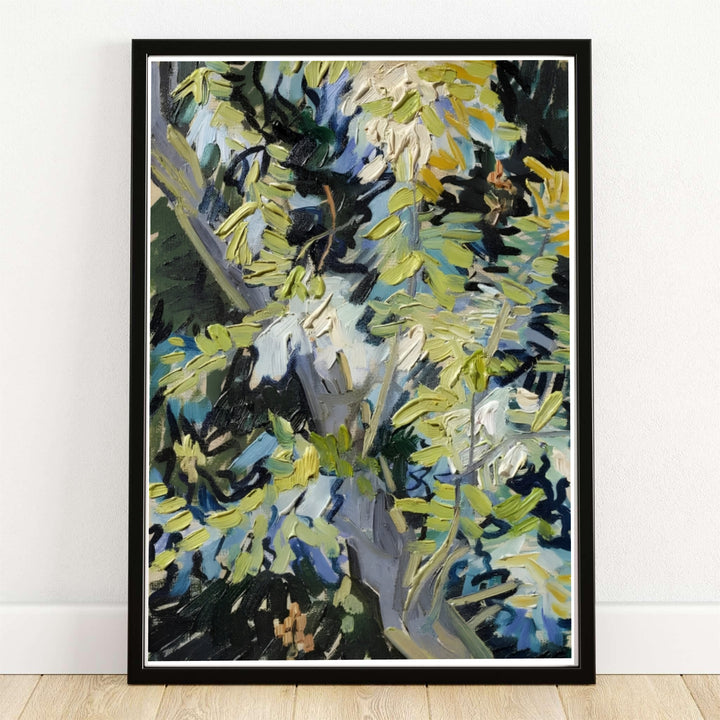 Vincent van Gogh Blossoming Acacia Branches 1890 art print showcasing impasto yellow leaves and white blossoms painted in Auvers-sur-Oise France. MapYourDreams provides custom framed wall art, unframed paper prints, and gallery wrapped canvas options to enhance your living room decor setup.