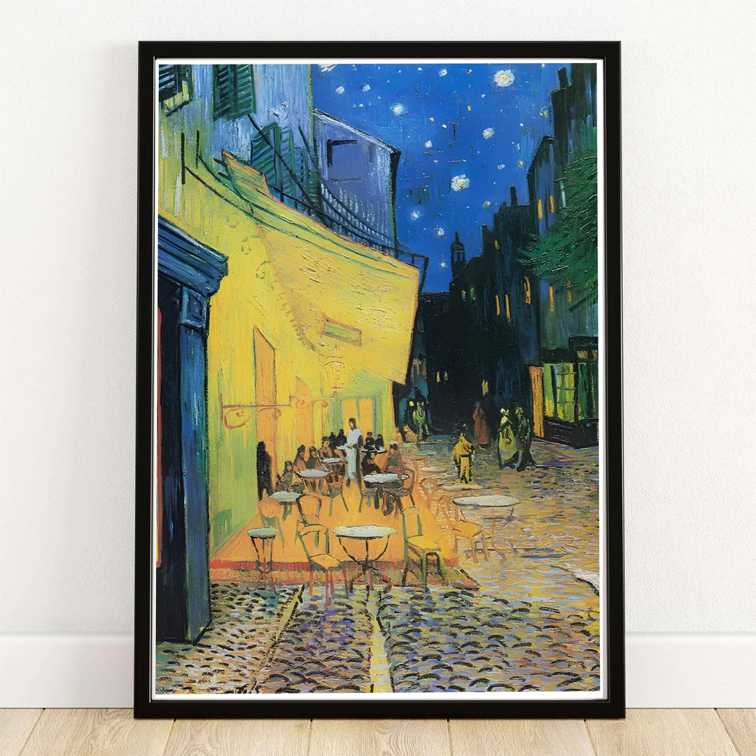 Nighttime street art print of Vincent van Gogh Cafe Terrace at Night 1888 depicting starry skies above Place du Forum in Arles France. MapYourDreams offers versatile framed wall art, unframed poster prints, and stretched canvas choices for home decorators and collectors.