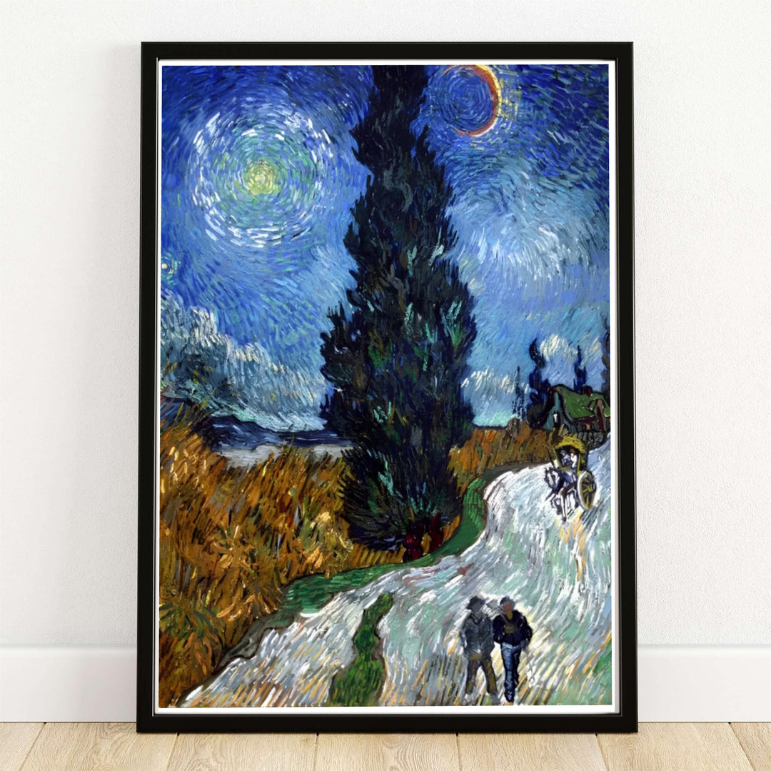 Vincent van Gogh Country Road in Provence by Night 1890 art print featuring a towering cypress tree under a swirling starry night sky in Saint-Rémy-de-Provence France. MapYourDreams provides custom framed wall art, unframed paper prints, and gallery wrapped canvas options to enhance living room decor.