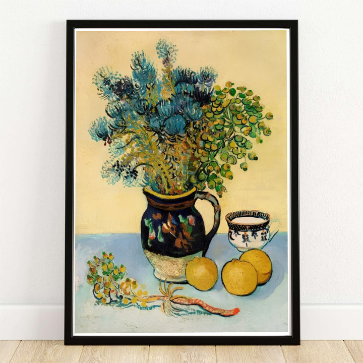 Vincent van Gogh Majolica Jar Wildflowers 1888 art print created in Arles France depicting blue thistles in a ceramic jug with lemons on a table. MapYourDreams provides custom framed wall art, unframed paper prints, and gallery wrapped canvas wall decor options to elevate home living room styling.
