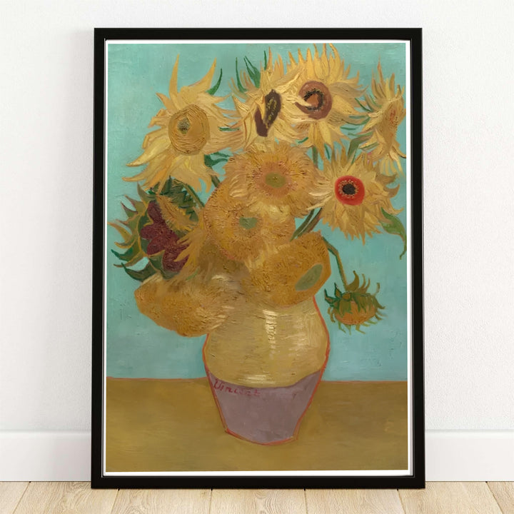 Vincent van Gogh Sunflowers on Blue 1888 fine art poster created in Arles France depicting golden sunflowers in a ceramic vase. MapYourDreams provides custom framed wall art, unframed paper prints, and gallery stretched canvas wall decor options to complement living room home styling.