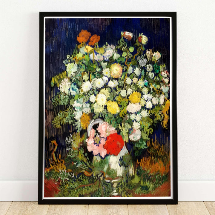 Vincent van Gogh Vase With Flowers 1890 fine art poster created in Auvers-sur-Oise France depicting colorful dahlias and poppies in a white vase against a dark blue background. MapYourDreams provides custom framed wall art, unframed paper prints, and gallery stretched canvas wall decor options to complement living room home styling.