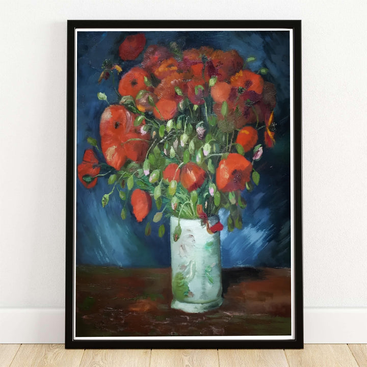 Vincent van Gogh Vase With Red Poppies 1886 fine art poster created in Paris France depicting vibrant red blossoms in a white ceramic vase against slate blue tones. MapYourDreams provides custom framed wall art, unframed paper prints, and gallery stretched canvas wall decor options to elevate home decor.