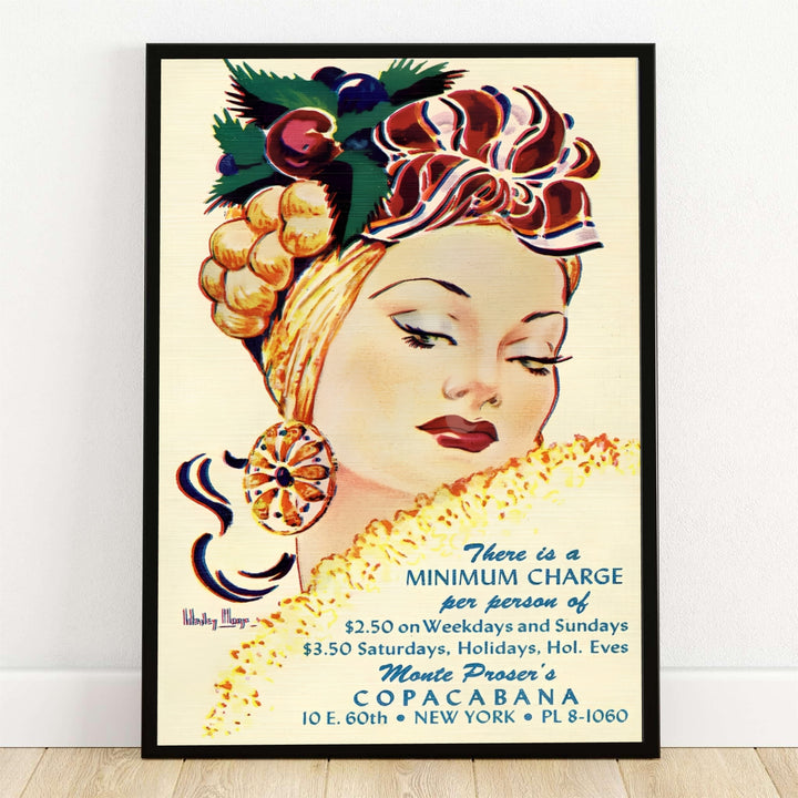 Vintage Copacabana NYC poster depicting a 1940s Copa girl with a fruit turban headpiece and historical Monte Proser venue text, offered by MapYourDreams as an unframed art print, gallery canvas wall decor, or custom framed print for Manhattan lounge and home bar decoration on East 60th Street.