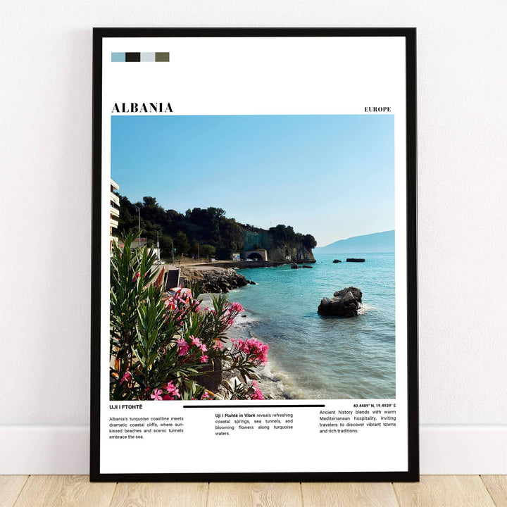 Bright pink oleander flowers frame the turquoise waters and rocky coastline near the Uji i Ftohtë tunnel in Vlorë, Albania, captured in a minimalist travel poster. Offered by MapYourDreams, this artwork is available in flexible options including unframed paper, custom wooden frames, and gallery canvas wraps.