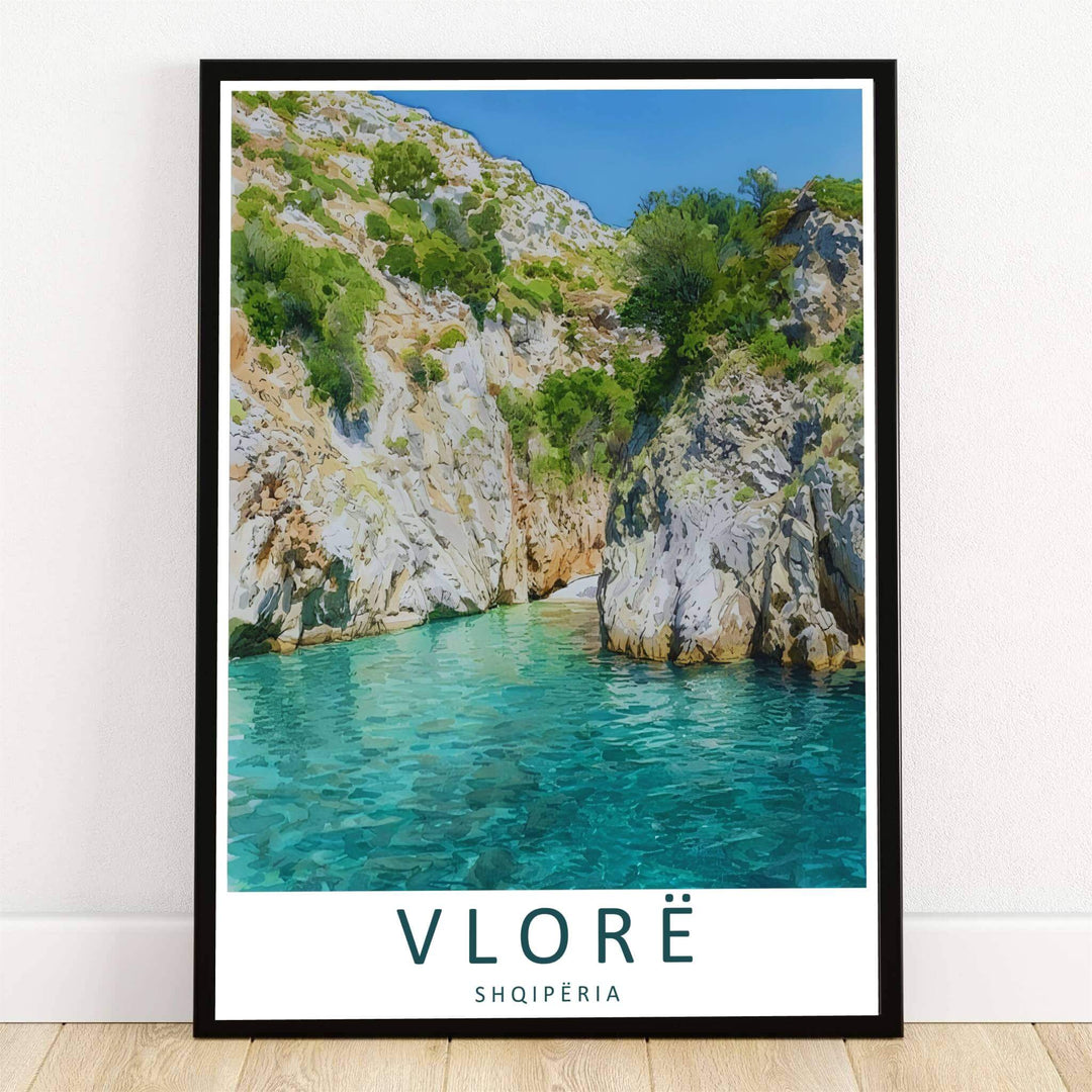 Towering limestone canyon cliffs and lush green foliage frame the hidden cove and turquoise waters of Gjipe Beach on the Albanian Riviera, captured in a vibrant vector travel poster. Offered by MapYourDreams, this artwork is available in flexible options including unframed paper, custom wooden frames, and gallery canvas wraps.