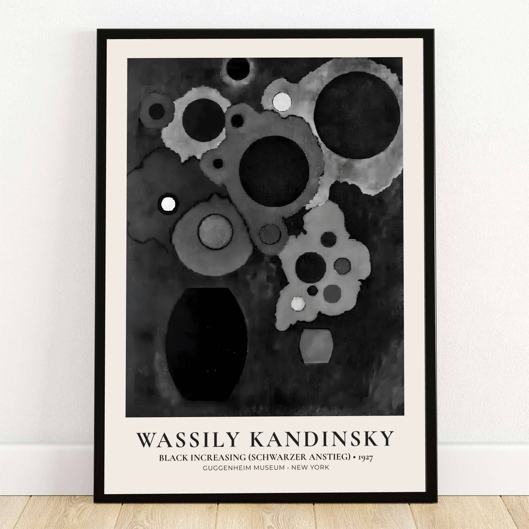 Preserved within the esteemed Guggenheim Museum collection in New York, this striking 1927 abstract composition by Wassily Kandinsky portrays dynamic circular clusters and dramatic monochromatic value shifts. Offered by MapYourDreams, this artwork is available in flexible options including unframed paper, custom wooden frames, and gallery canvas wraps to suit any sophisticated interior decor style.