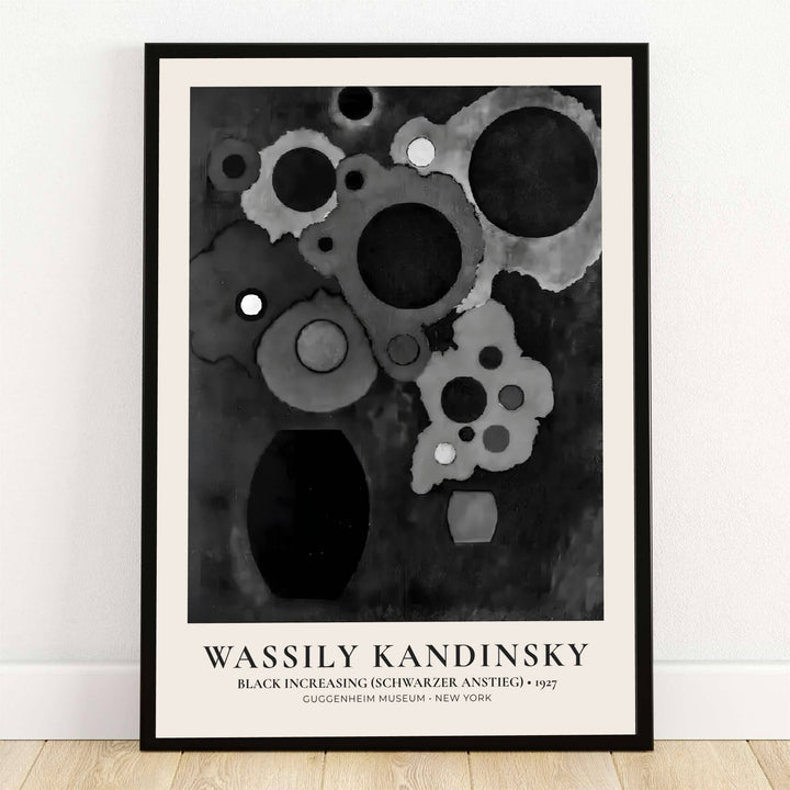 Preserved within the esteemed Guggenheim Museum collection in New York, this striking 1927 abstract composition by Wassily Kandinsky portrays dynamic circular clusters and dramatic monochromatic value shifts. Offered by MapYourDreams, this artwork is available in flexible options including unframed paper, custom wooden frames, and gallery canvas wraps to suit any sophisticated interior decor style.