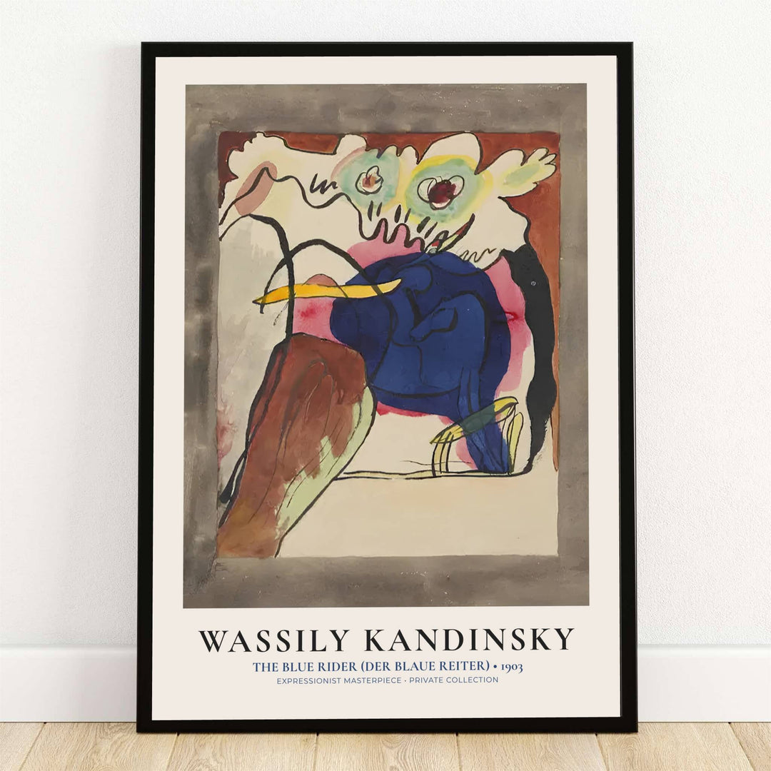 Preserved within prestigious private and museum collections, this striking 1903 expressionist painting by Wassily Kandinsky portrays an equestrian figure galloping across an idyllic meadow landscape. Offered by MapYourDreams, this stunning The Blue Rider print is available in flexible options including unframed paper, custom wooden frames, and gallery canvas wraps to suit any sophisticated interior decor style.