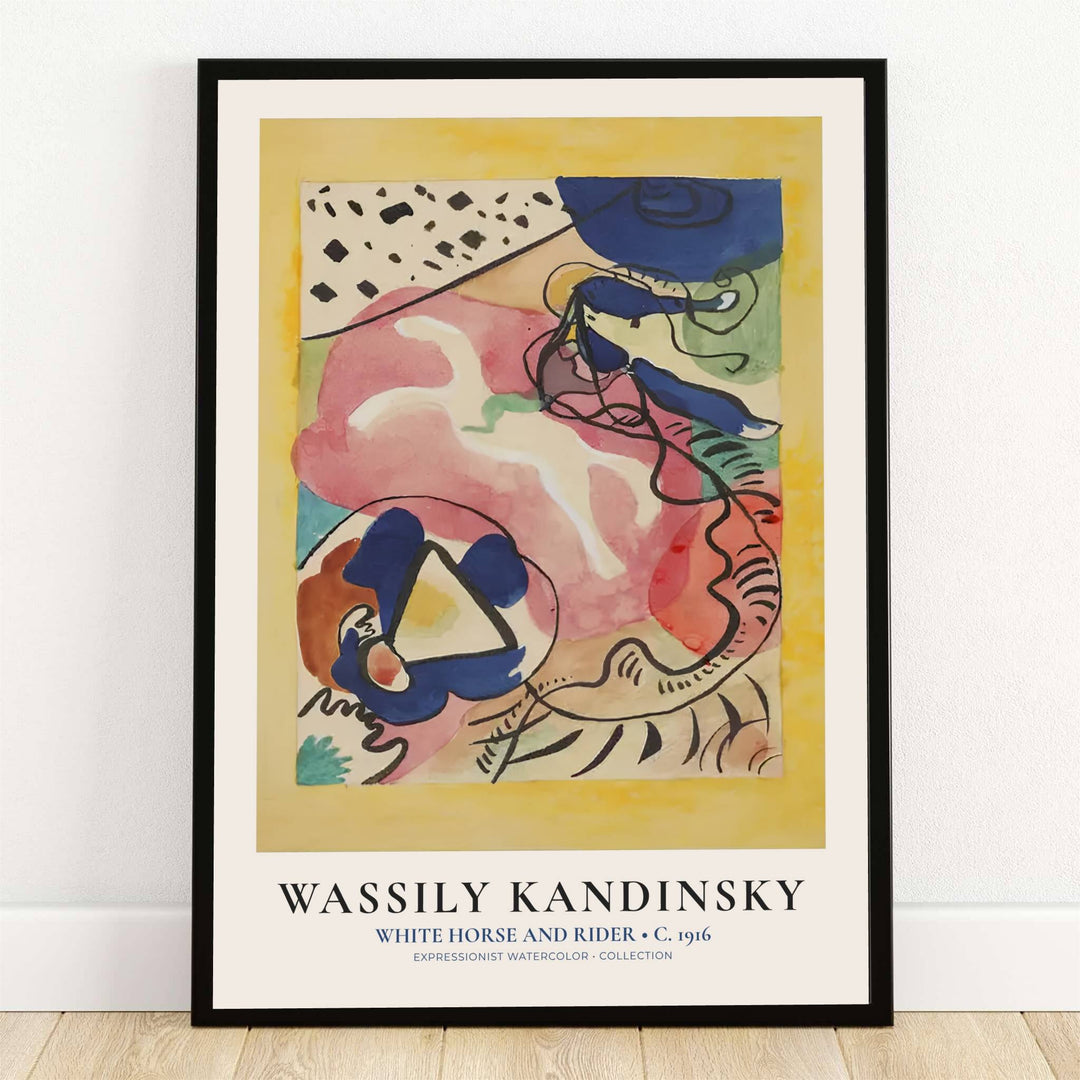 Preserved within prestigious private and museum collections, this striking 1916 expressionist watercolor painting by Wassily Kandinsky portrays an ethereal white equestrian figure surging across a luminous yellow and rose watercolor field. Offered by MapYourDreams, this stunning White Horse And Rider watercolor print is available in flexible options including unframed paper, custom wooden frames, and gallery canvas wraps to suit any sophisticated interior decor style.