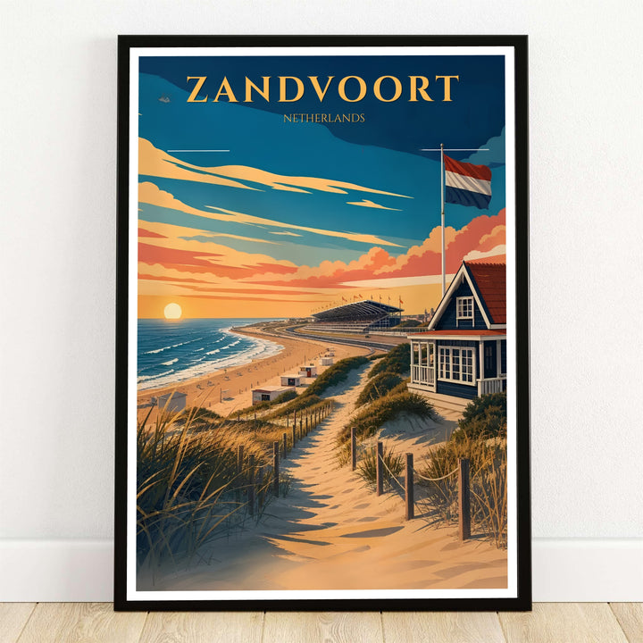 Zandvoort Netherlands poster illustrating a retro vector art print of sandy beach dunes, a blue coastal pavilion with the Dutch flag, and Circuit Zandvoort at sunset, offered by MapYourDreams as an unframed paper print, gallery wrapped canvas wall decor, or custom framed options for living rooms.