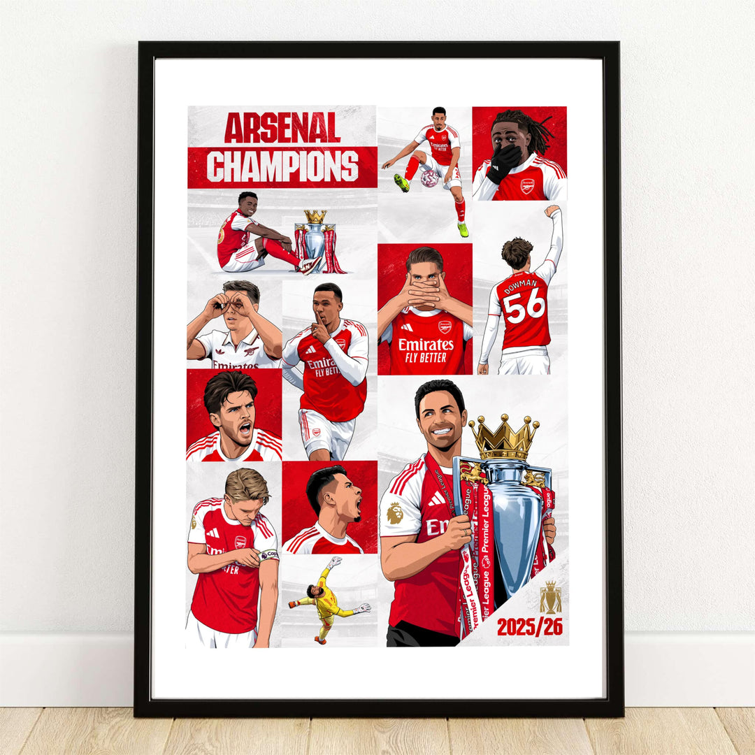 Authentic Arsenal FC 25/26 victory art poster print showing top squad players celebrating at Emirates Stadium, available as unframed prints, framed wall art, or canvas decor options.