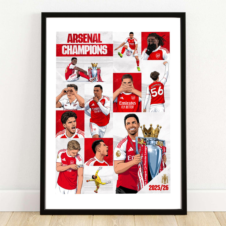Authentic Arsenal FC 25/26 victory art poster print showing top squad players celebrating at Emirates Stadium, available as unframed prints, framed wall art, or canvas decor options.