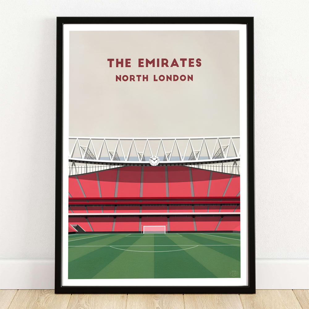 Clean typography Emirates Stadium North London travel poster highlighting red stands and green pitch, available as unframed, framed, or canvas wall art to elevate fan decor.