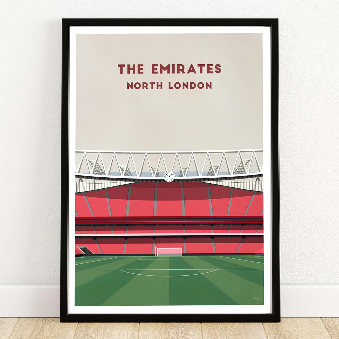 Clean typography Emirates Stadium North London travel poster highlighting red stands and green pitch, available as unframed, framed, or canvas wall art to elevate fan decor.