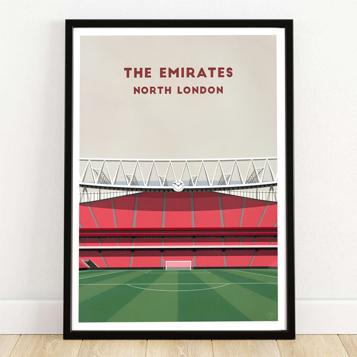 Clean typography Emirates Stadium North London travel poster highlighting red stands and green pitch, available as unframed, framed, or canvas wall art to elevate fan decor.