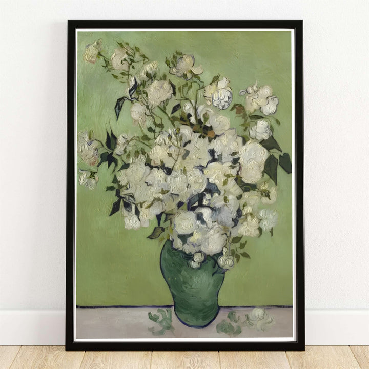 Vincent van Gogh Roses 1890 fine art poster created in Saint-Remy-de-Provence France depicting lush white roses in a green vase. MapYourDreams provides custom framed wall art, unframed paper prints, and gallery stretched canvas wall decor options to complement living room home styling.