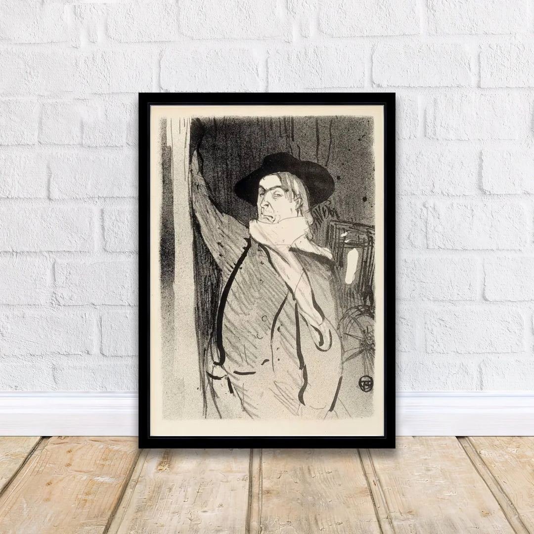 Vintage French singer line art poster drawing of Henri de Toulouse-Lautrec Aristide Bruant 1893 in Montmartre Paris France. MapYourDreams supplies framed paper prints, unframed options, and textured canvas prints.