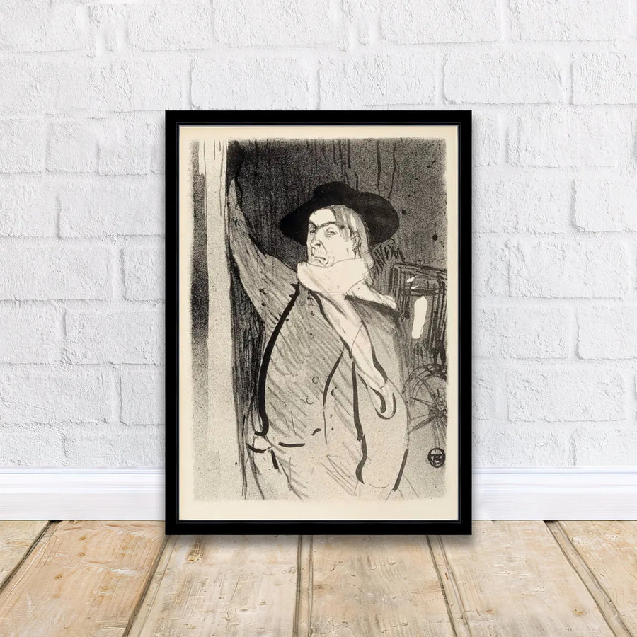 Vintage French singer line art poster drawing of Henri de Toulouse-Lautrec Aristide Bruant 1893 in Montmartre Paris France. MapYourDreams supplies framed paper prints, unframed options, and textured canvas prints.