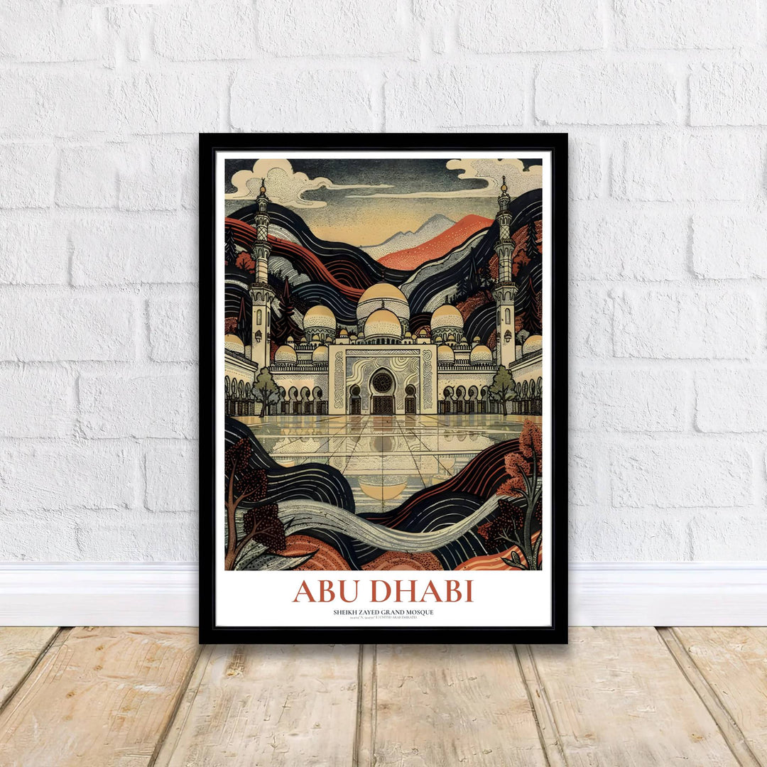 Graphic woodblock poster showing Sheikh Zayed Grand Mosque in Abu Dhabi with clean typography and textured details. Supplied by MapYourDreams, this artwork is available in flexible options including unframed paper, custom wooden frames, and gallery canvas wraps for stylish decor.