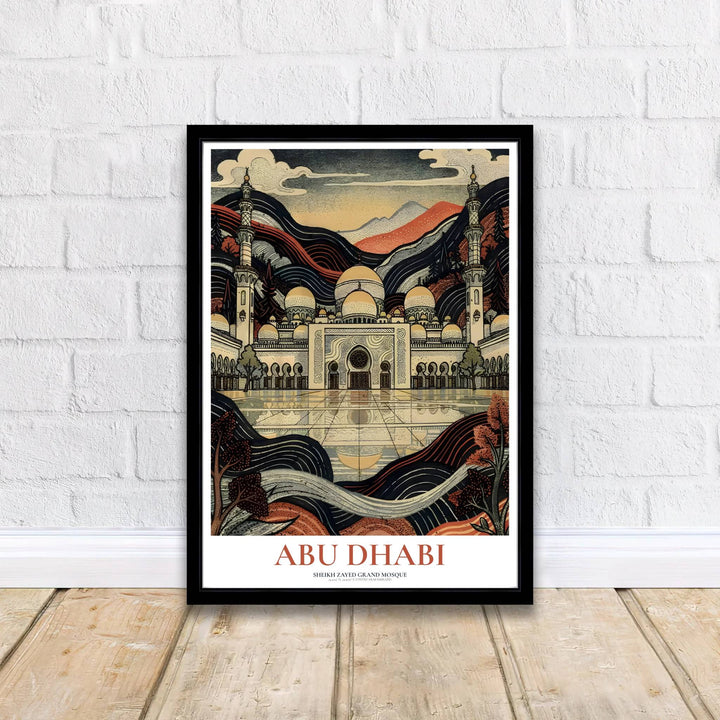 Graphic woodblock poster showing Sheikh Zayed Grand Mosque in Abu Dhabi with clean typography and textured details. Supplied by MapYourDreams, this artwork is available in flexible options including unframed paper, custom wooden frames, and gallery canvas wraps for stylish decor.