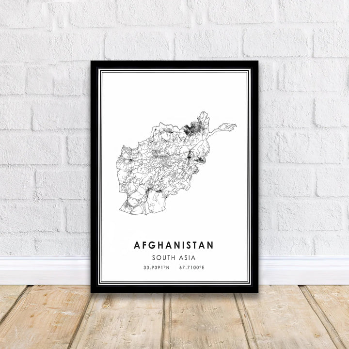 Graphic Afghanistan Map Poster showcasing detailed urban and rural transport connections across the country, available from MapYourDreams as an unframed paper print, gallery wrapped canvas wall art, or custom framed print in retro white and white frames for modern living rooms.