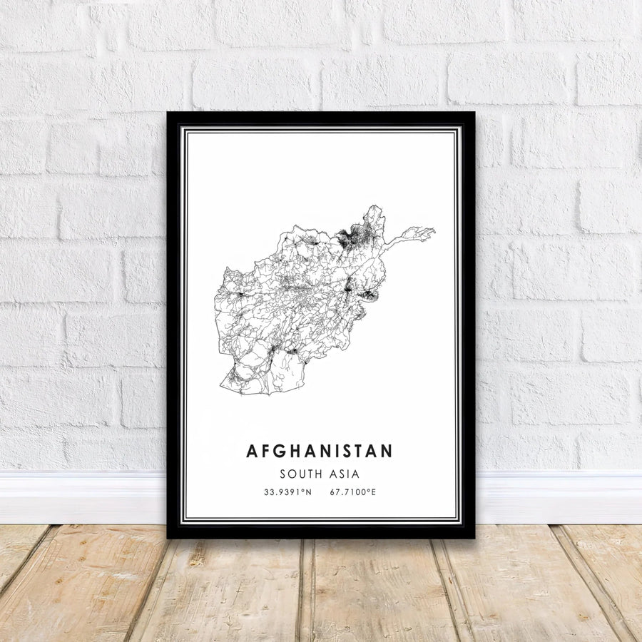 Graphic Afghanistan Map Poster showcasing detailed urban and rural transport connections across the country, available from MapYourDreams as an unframed paper print, gallery wrapped canvas wall art, or custom framed print in retro white and white frames for modern living rooms.
