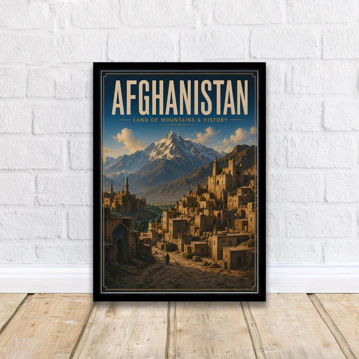 Scenic vintage Afghanistan wall art poster featuring a sunlit mud brick city and towering snow-covered mountains, offered by MapYourDreams as an unframed fine art print, stretched gallery canvas, or custom framed wall decor in classic black and natural wood frame finishes.